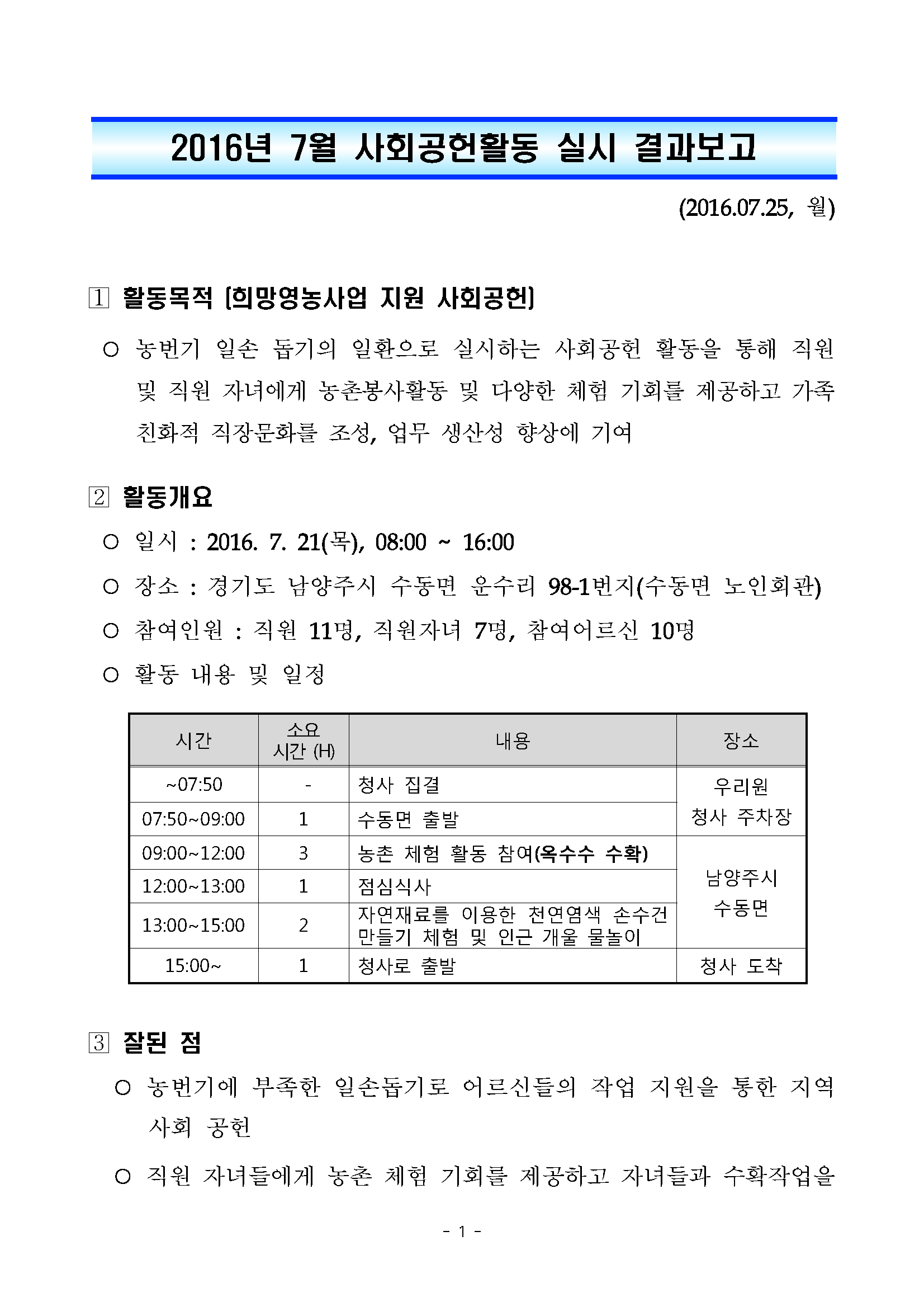 2016년 7월 사회공헌활동 실시 결과보고